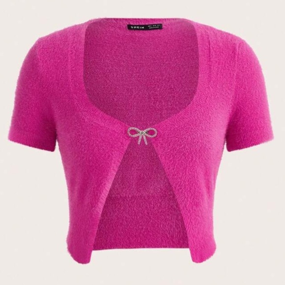 Shein Fuzzy Pink Cropped Cardigan with Diamond Bow Size S - Picture 1 of 10